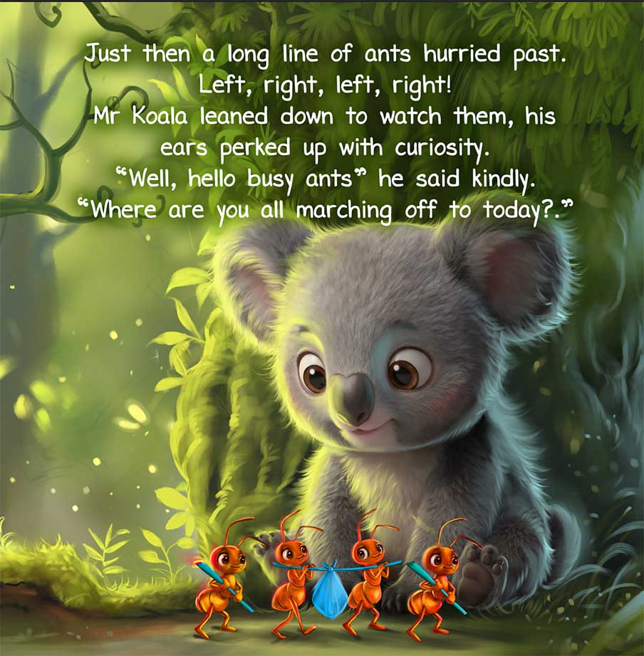 Koala storybook interior page layout artwork by Ananta Mohanta - kids book artist for hire.