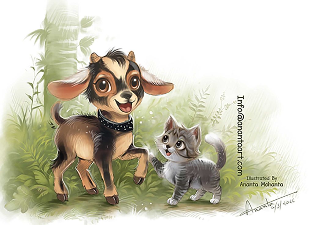 Whimsical fantasy art children's book cover by Ananta Mohanta or Cute animal illustrations by freelance artist Ananta Mohanta